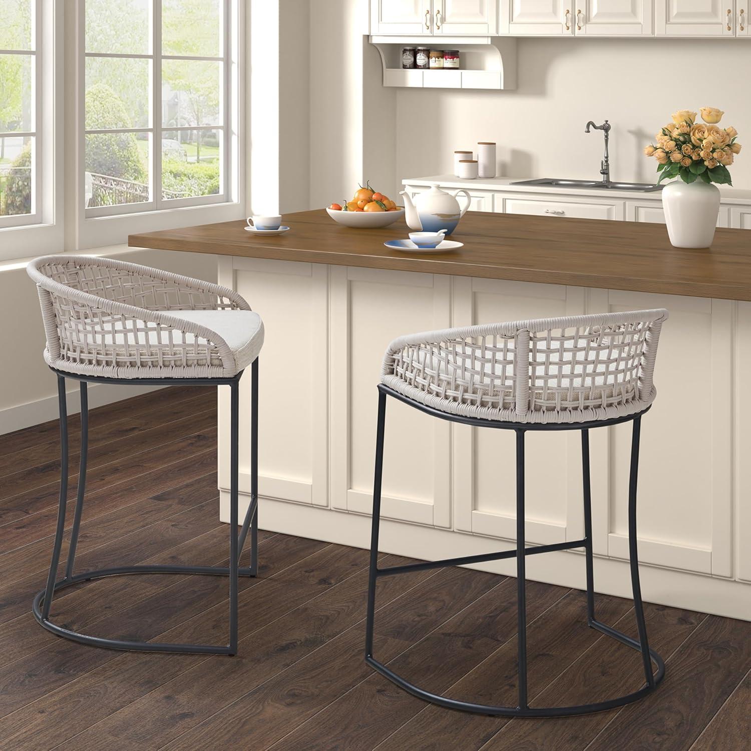 25" Rosita Woven Counter Height Barstool Natural - Madison Park: Chic Coastal, Metal Base
