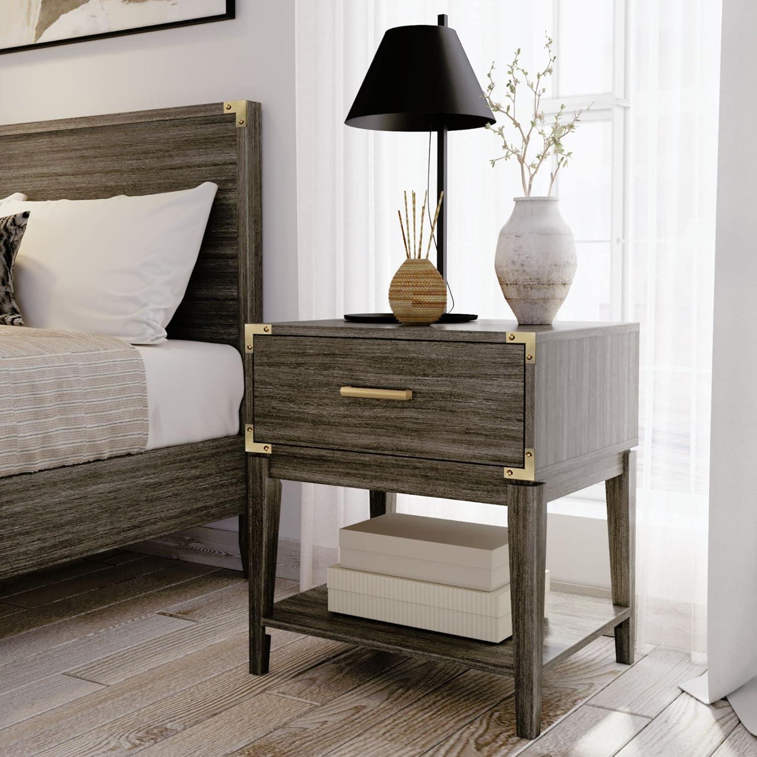 Plank+Beam Solid Wood Nightstand with 1 Drawer, Contemporary Side Table for Bedroom, Clay
