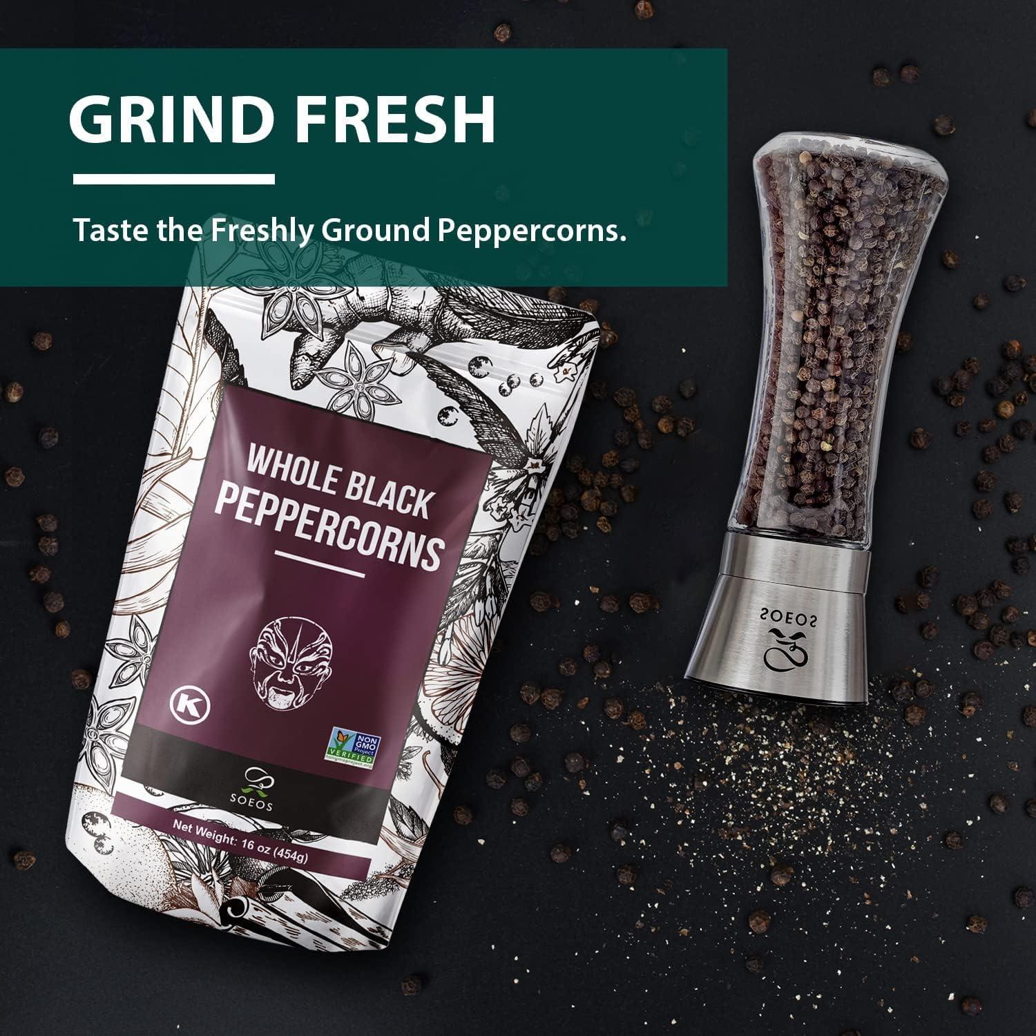 Soeos Whole Black Peppercorns 16oz (Pack of 1), Robust Flavor, Non-GMO and Kosher, Whole Peppercorns for Grinder Refill, Peppercorn for Bottle Refill