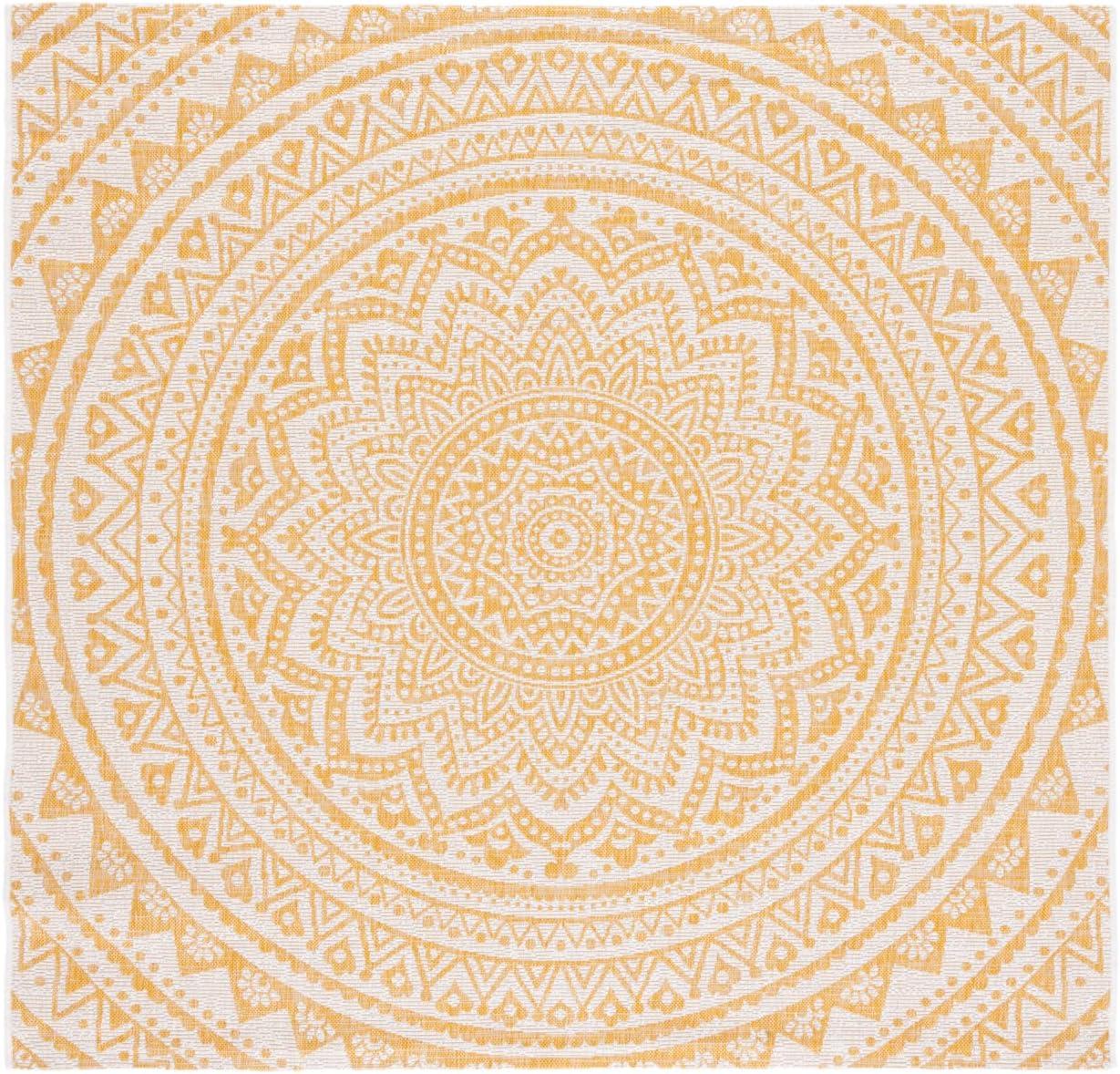 Ivory and Gold Square Synthetic Indoor/Outdoor Area Rug