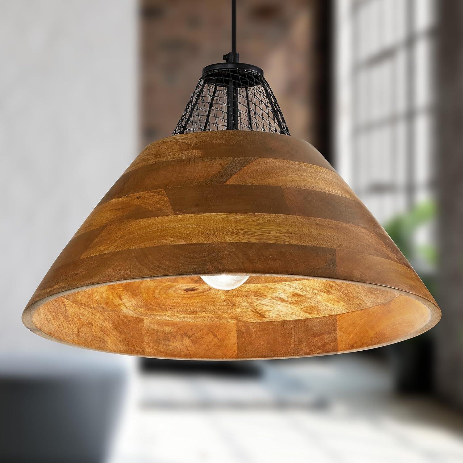 River of Goods 17.25" 1-Light Alainia Black Metal and Walnut-Stained Wood Pendant Light: Satin Finish, UL Listed, Adjustable Height