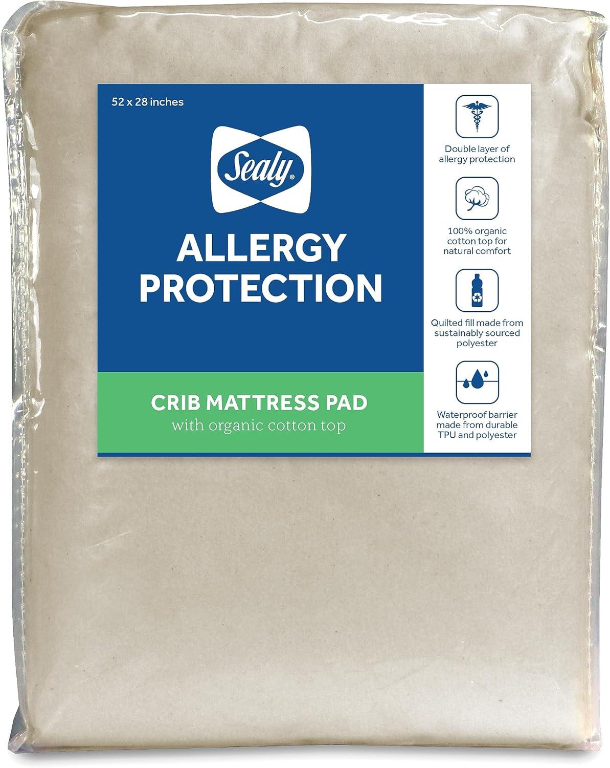 Sealy Allergy Protection Crib Mattress Pad Cover with Organic Cotton Top