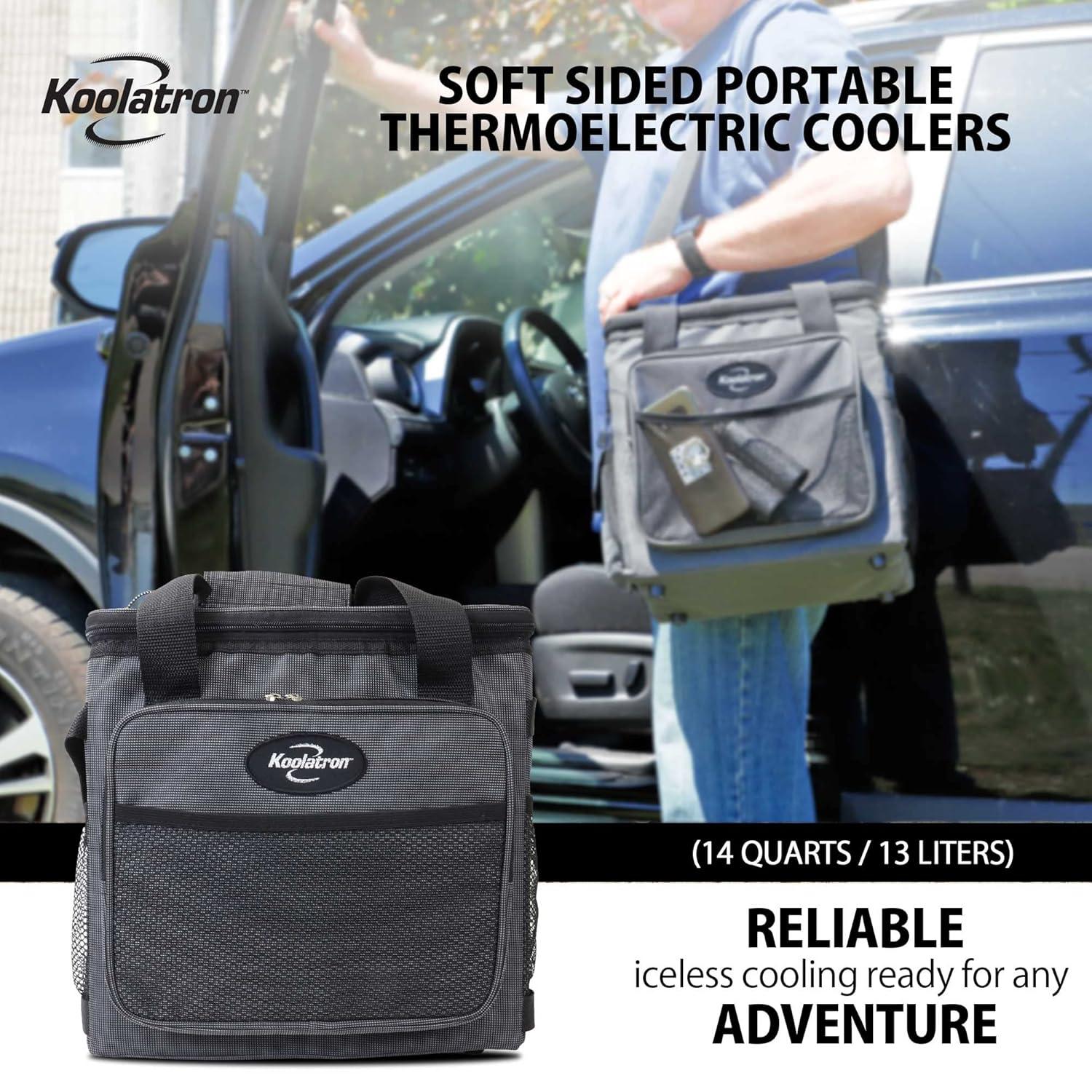 Koolatron D13 Soft-Sided Electric Travel Cooler, 14-Quart Capacity, 12V Car Outlet Plug, Holds Twenty 12-ounce Cans or 2L Bottles Upright, Soft Nylon Sides; Dark Grey