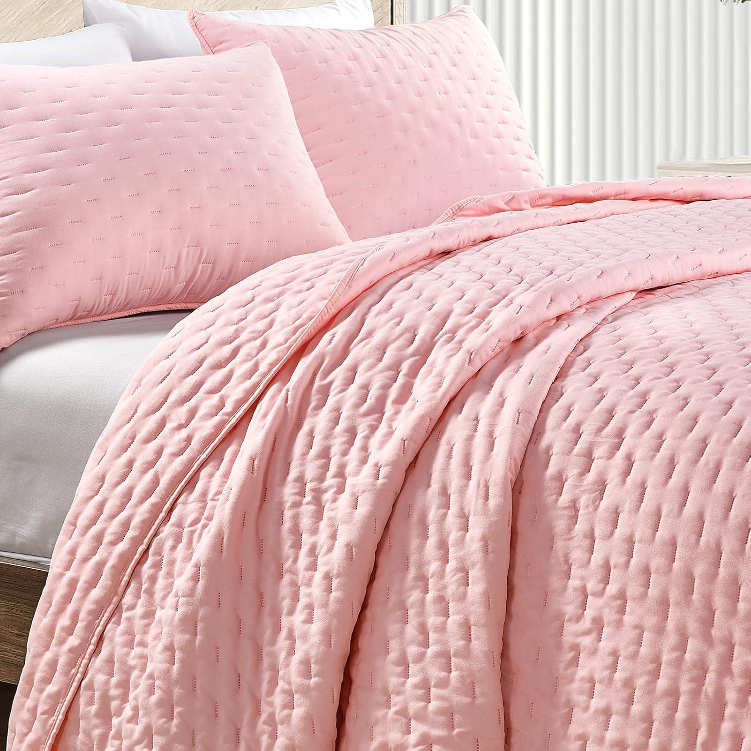 Blush Pink Twin Microfiber Reversible Quilt Set