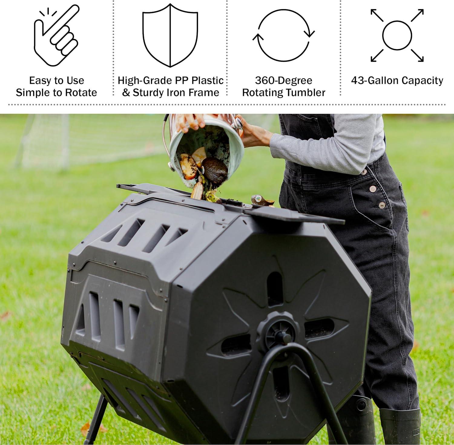 Pure Garden Compost Tumbler - 43Gal Compost Bin with Dual Chambers, 360-Degree Rotating Design, and Garden Gloves Included - Homesteading Supplies