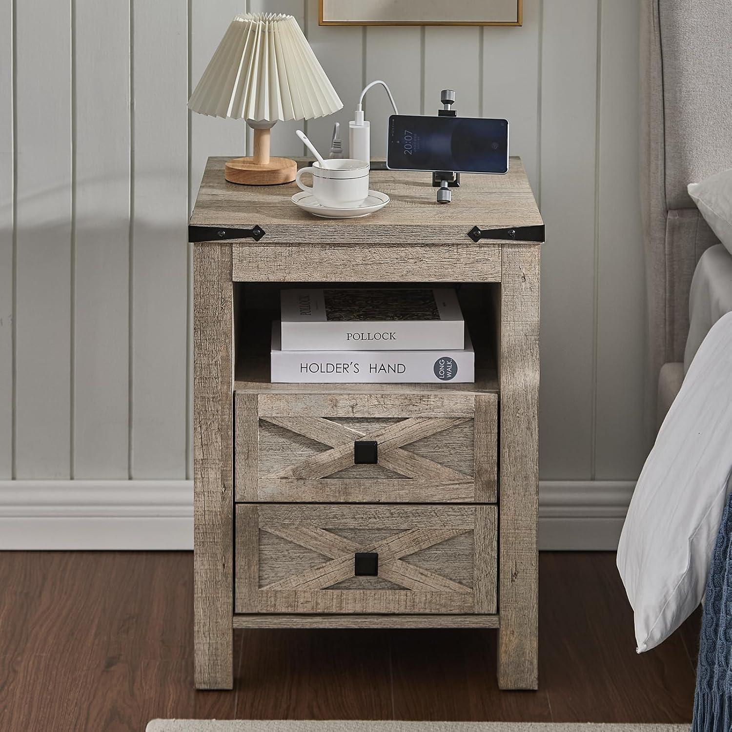 Farmhouse Nightstand wtih Charging Station, 18" End Table Side Table with 2 Drawers for Bedroom, Living Room, Gray