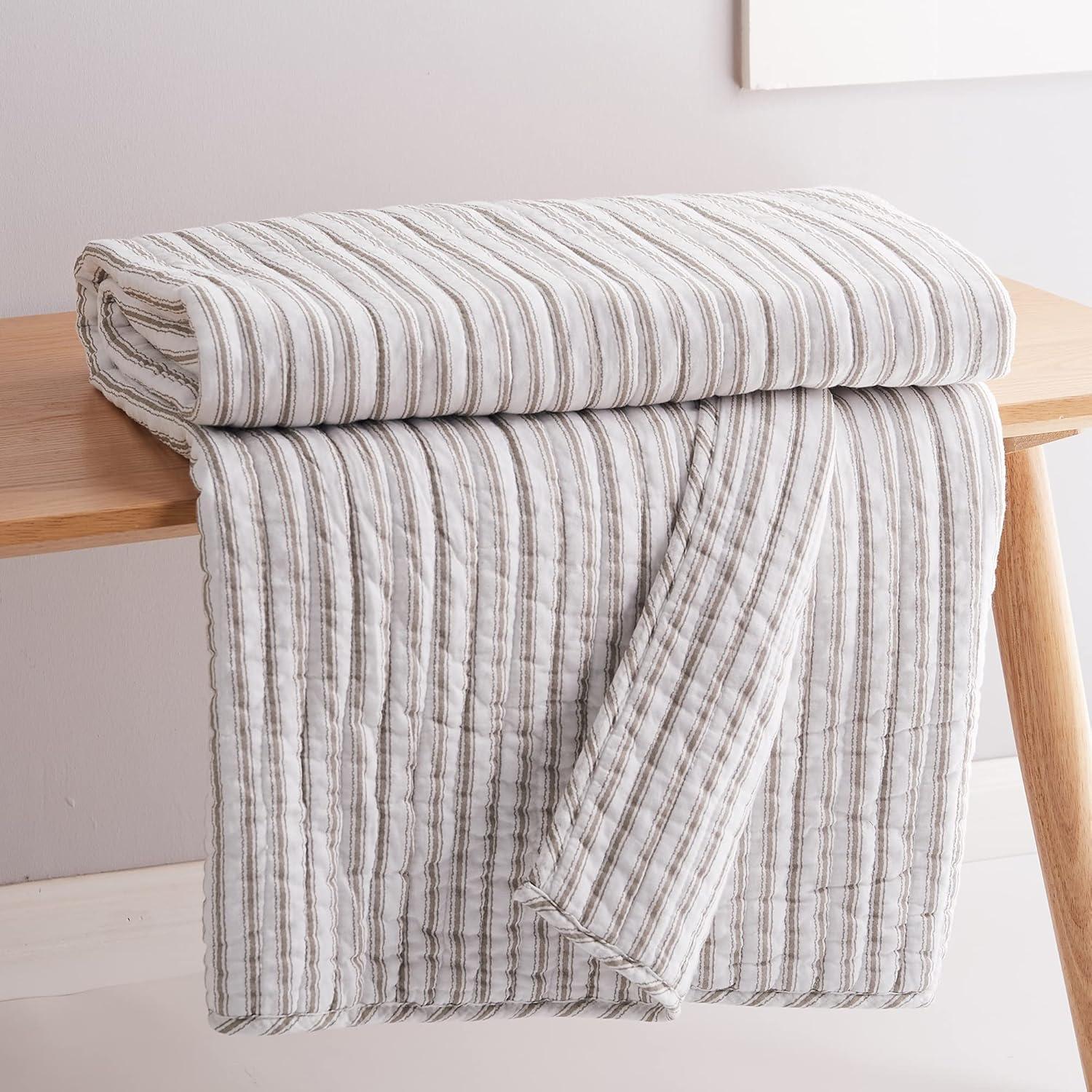 Tobago Stripe Taupe Quilted Throw - Levtex Home