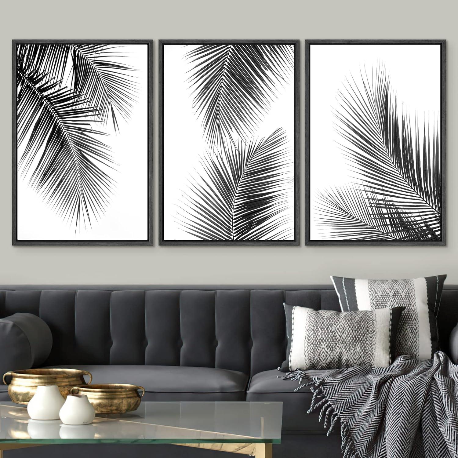 IDEA4WALL Minimal Botanical Black And White Tropical Palm Tree Leaves Organic Modern Framed Canvas 3 Pieces Print Wall Art
