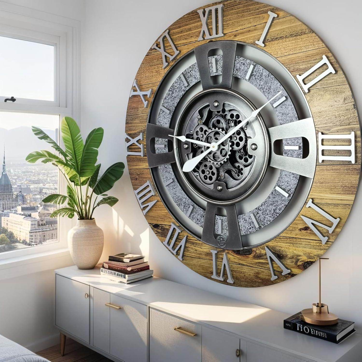 The Gears Clock Wall Clock 36" Oversized for Living Room decor with Real Moving Gears England Collection