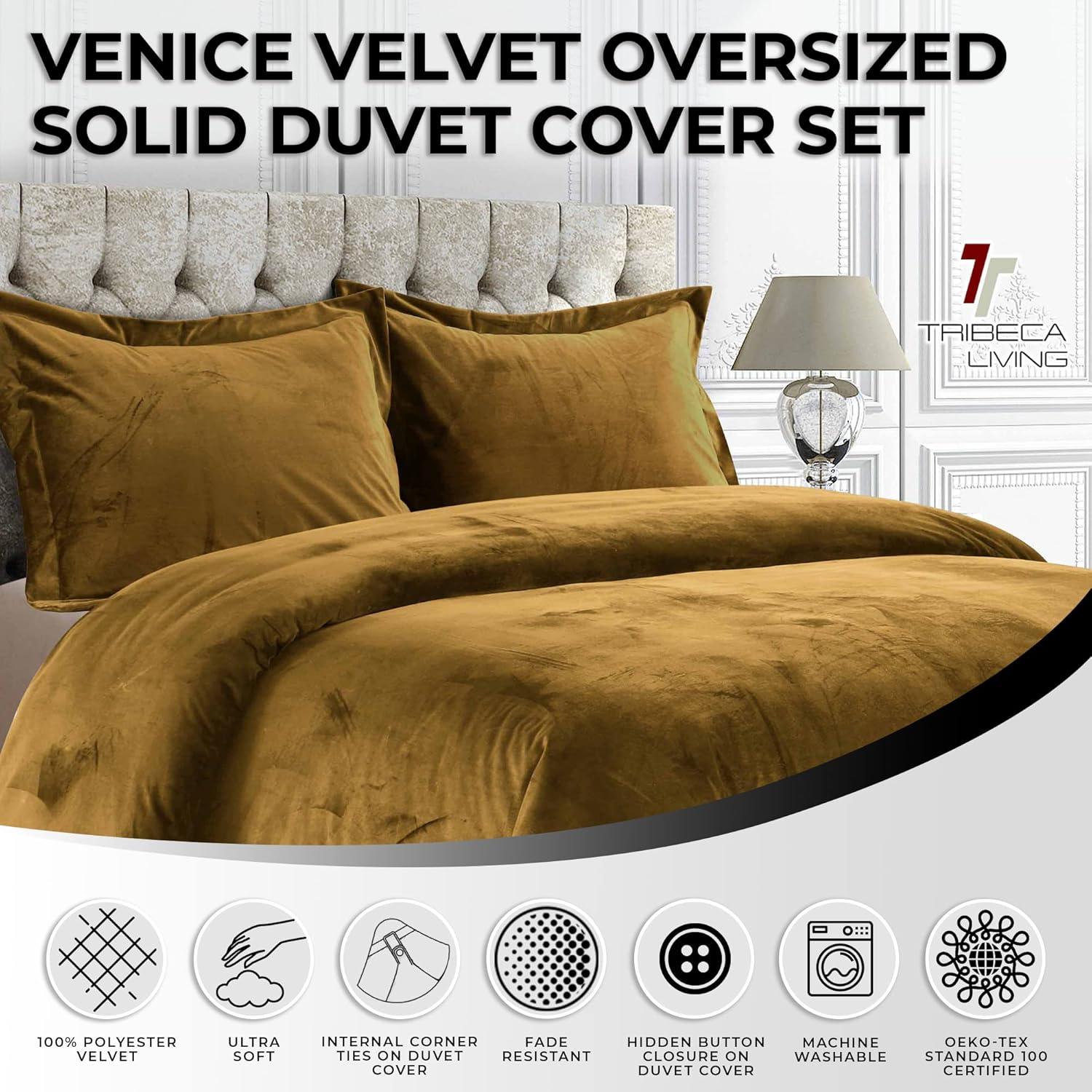 Tribeca Living 3pc King Venice Velvet Oversized Solid Duet Set Camel: Luxurious Polyester, Reversible, OEKO-TEX Certified