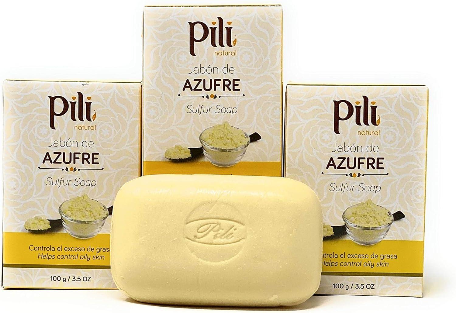 Pili Natural Sulfur Soap Bars (3 Pack) Jabón de azufre - Deep Cleansing and Oil-Control Formula for All Skin Types - Maintain Healthy Skin - 3-Pack