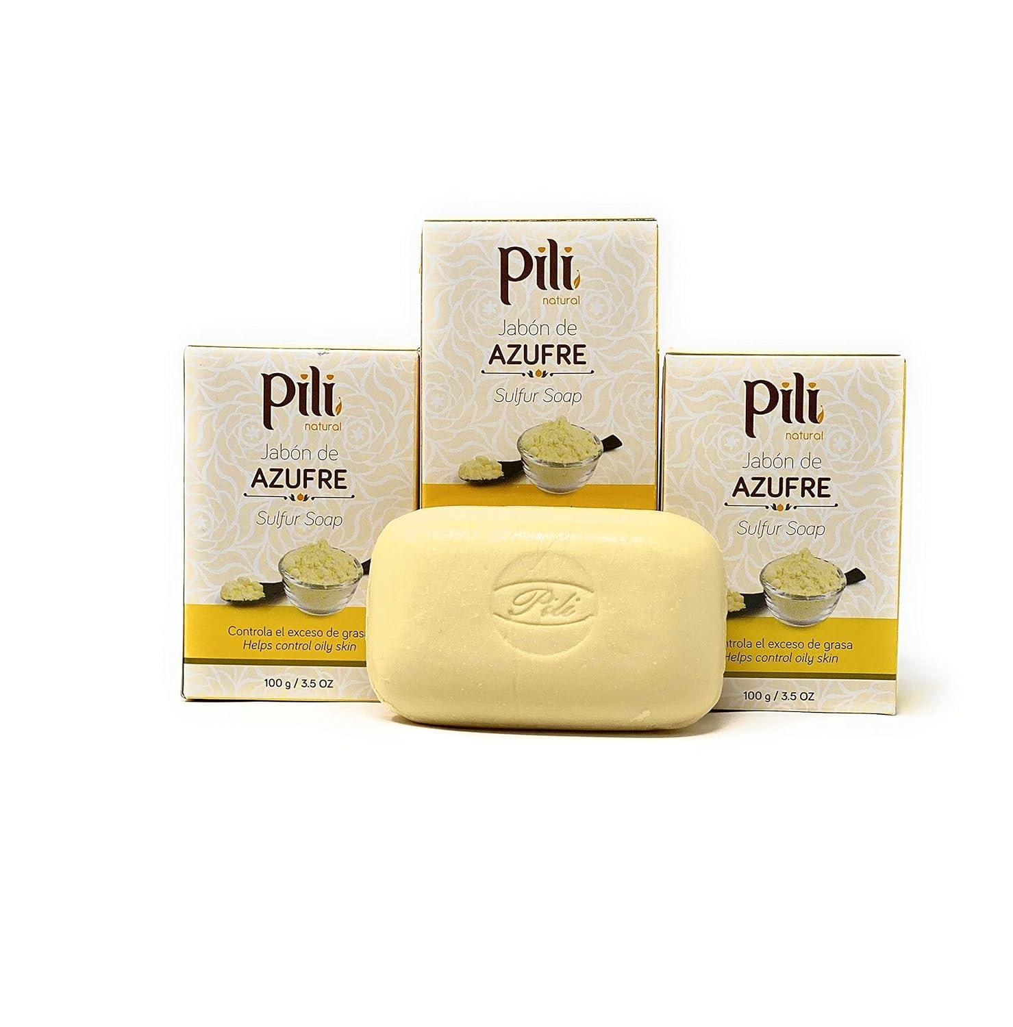 Pili Natural Sulfur Soap Bars (3 Pack) Jabón de azufre - Deep Cleansing and Oil-Control Formula for All Skin Types - Maintain Healthy Skin - 3-Pack