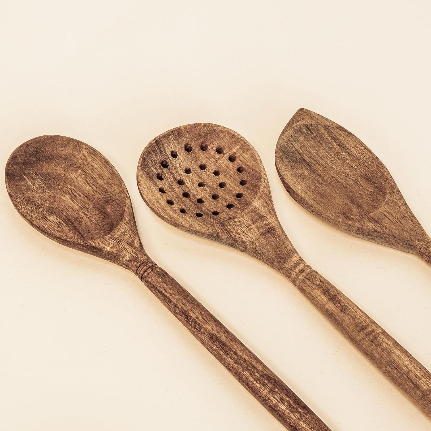 Labrea Life and Home 3pc Solid Acacia Wood Cooking Spoons and Skimmer Kitchen Utensils Set 12 Inch