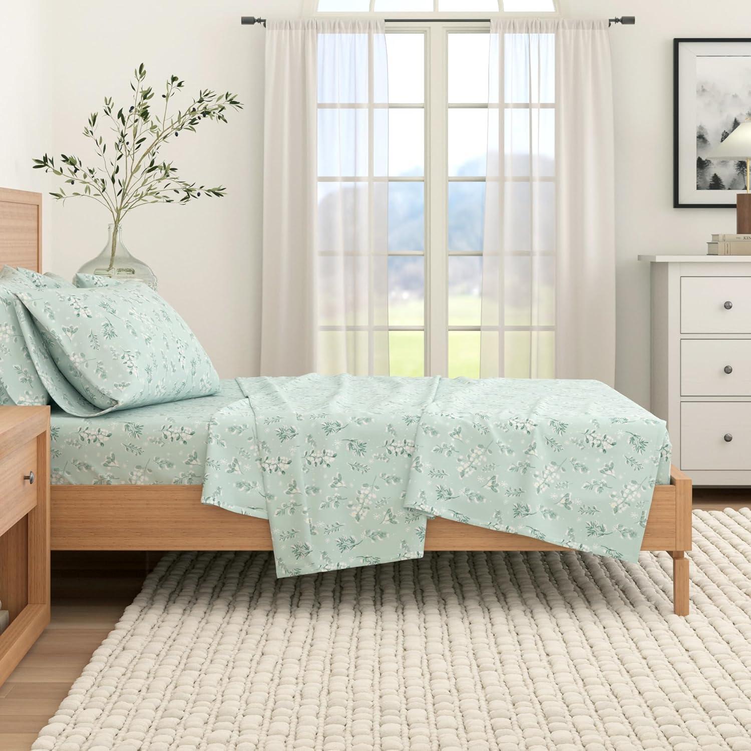 100% Cotton Winter Flannel Sheet Set - Great Bay Home (Twin, Snowy Botanical)