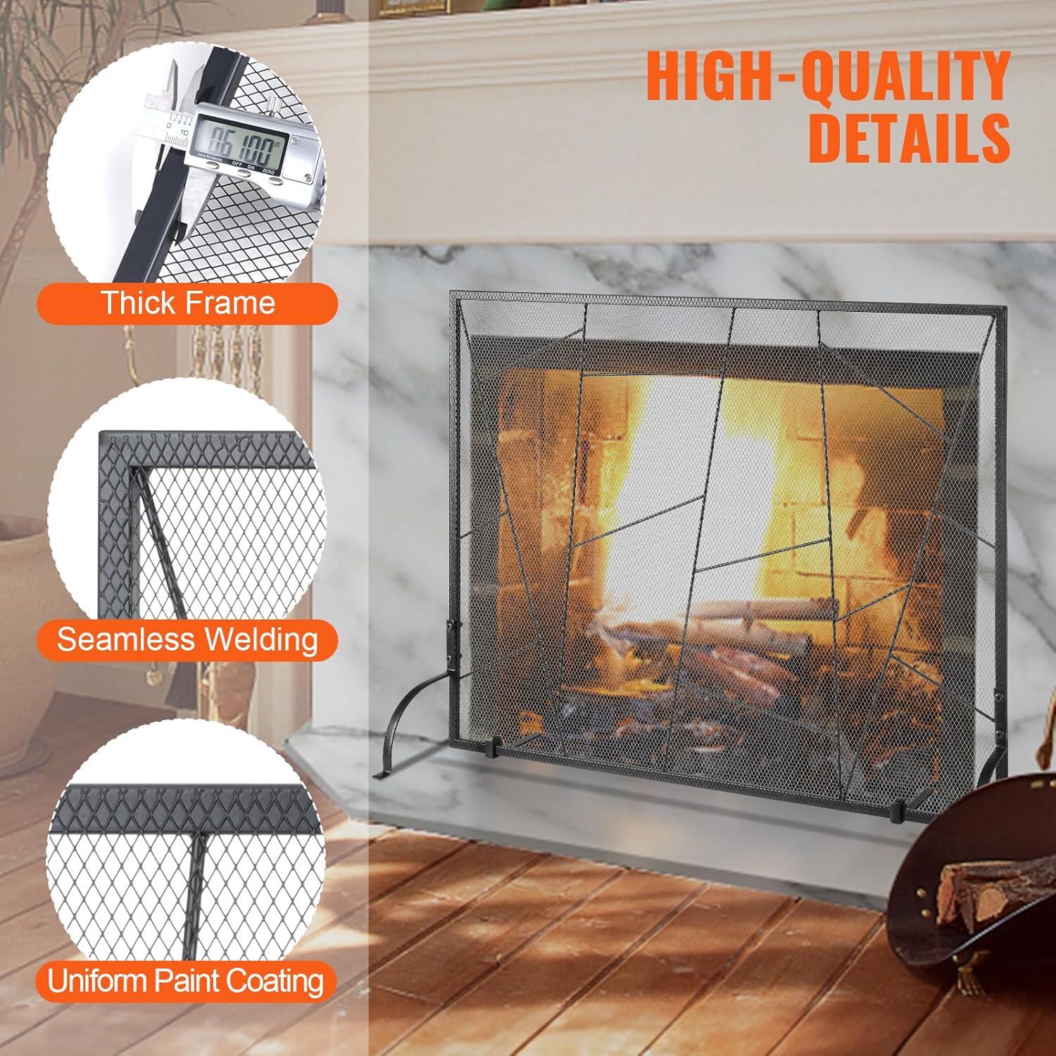 VEVOR Fireplace Screen Single Panel, Sturdy Iron Mesh Fireplace Screen, 35.6"(L) x28.4(H) Spark Guard Cover, Simple Installation, Free Standing Fire Fence Grate for Living Room Home Decor Modern