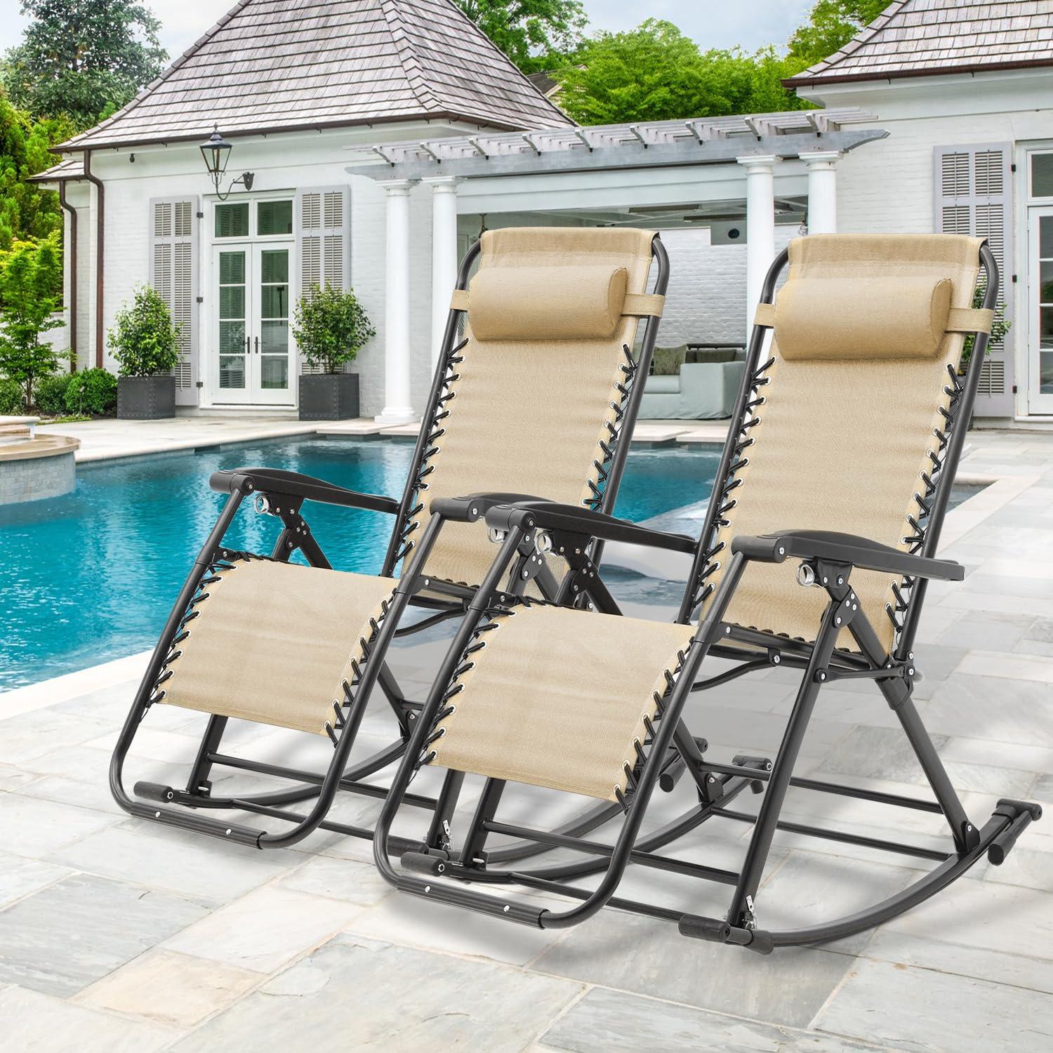 Magshion Set of 2 Zero Gravity Lounge Chairs, Adjustable Rocking Chairs with Pillow, Outdoor Beach Portable Foldable Recliner, Folding Lounge Rocker, Black