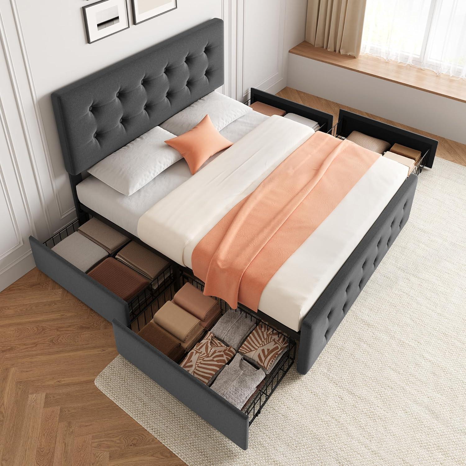 GAOMON Queen Size Bed Frame with 4 Storage Drawers and Headboard, Linen Upholstered Platform Bed Frame with Wooden Slats Support, Button Tufted Design, No Box Spring Needed, Dark Grey