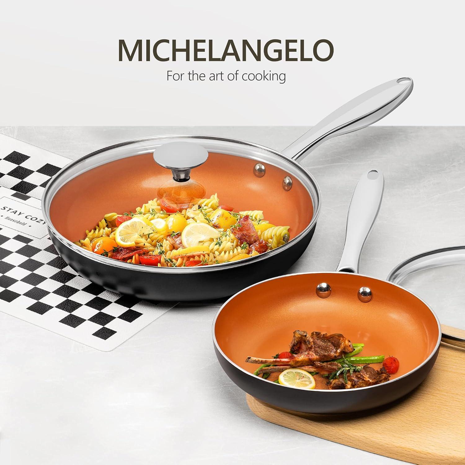 MICHELANGELO 10 Inch Copper Nonstick Frying Pan with Lid, Scratch Resistant Ceramic Coating, Oven and Dishwasher Safe