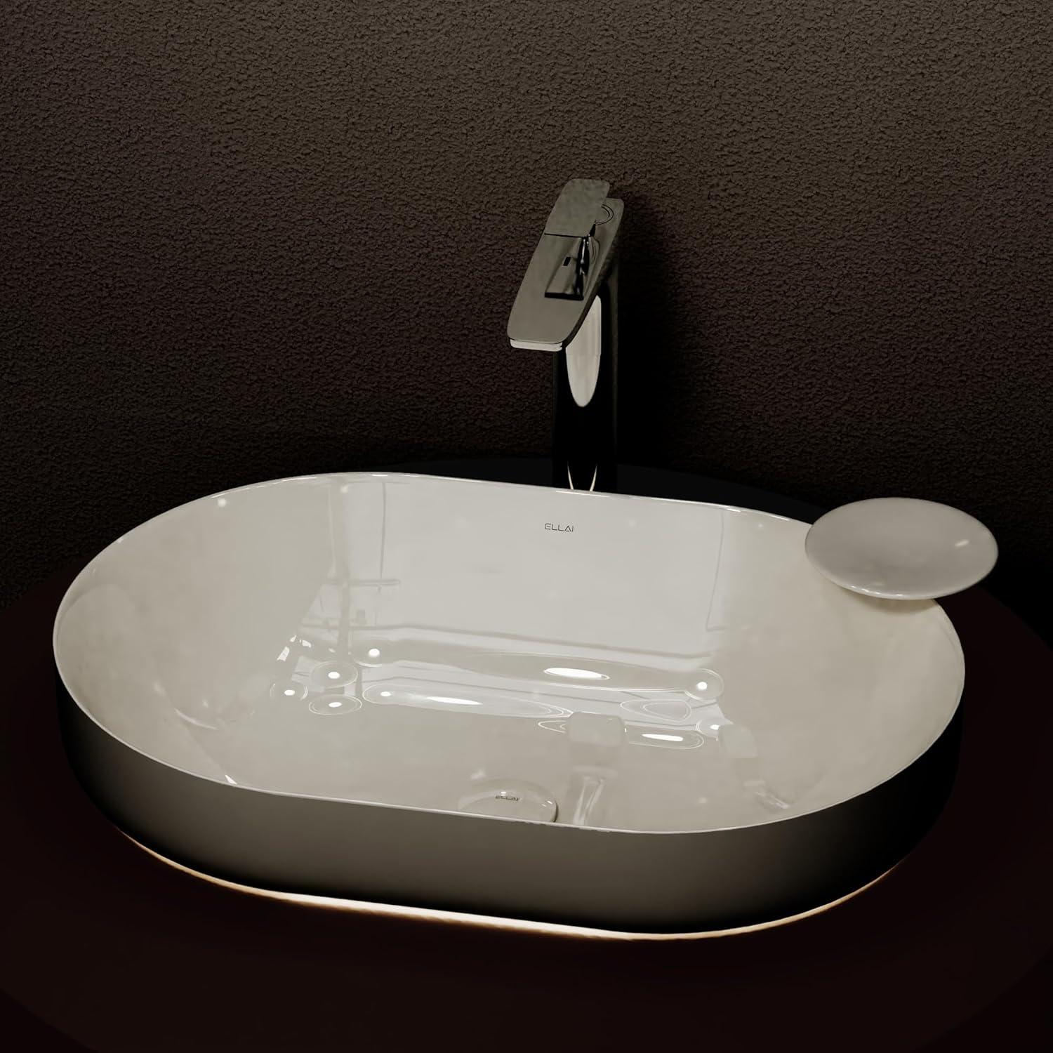 ELLAI Polaris Oval Bathroom Vessel Sink Drop In White Semi Recessed 23.6" x 15.7" x 6.8"