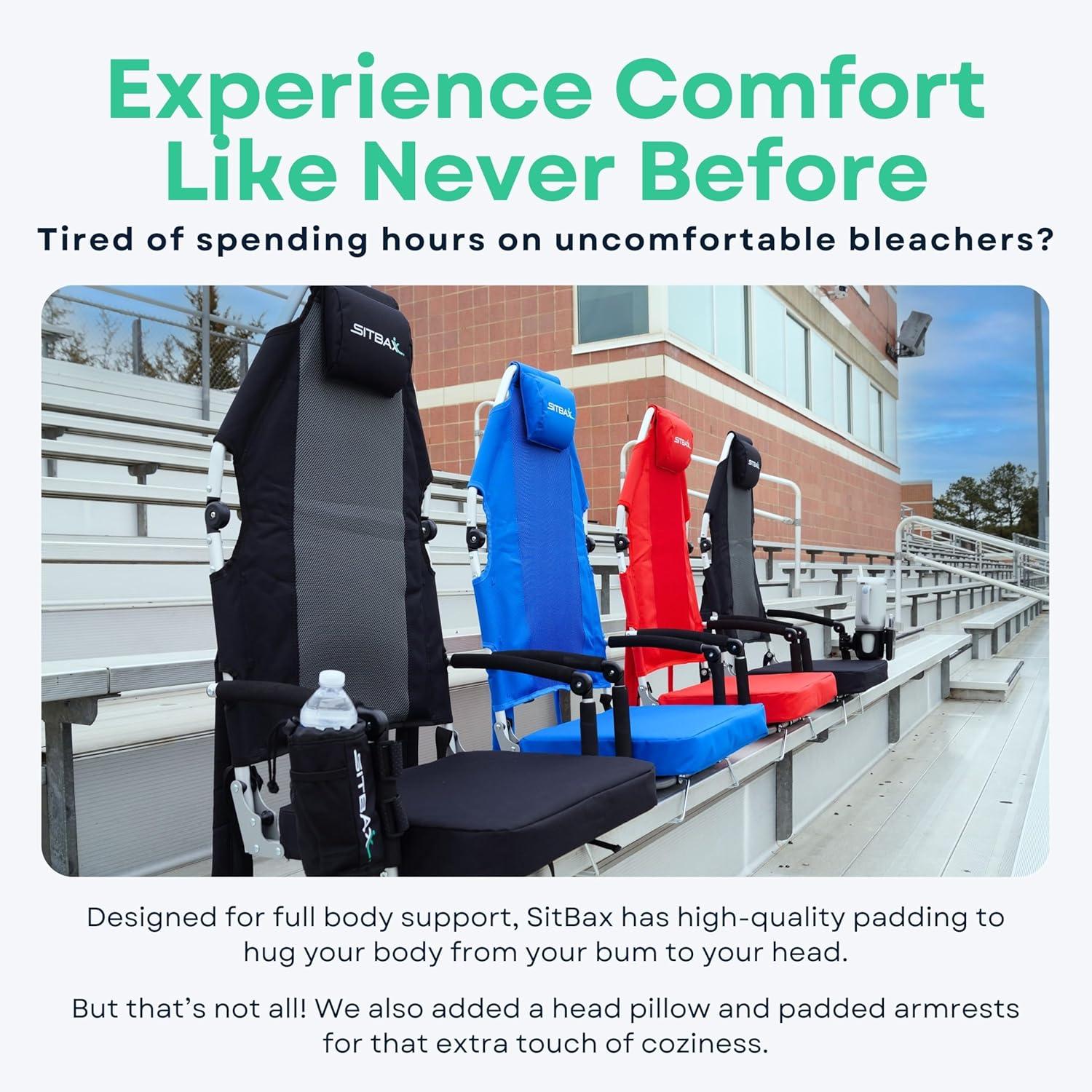 Sitbax SitBax Black Padded Bleacher Seat – The Ultimate Reclining Stadium Chair with Full Back & Neck Support and 360° Swivel – Lightweight, Foldable, and Portable with Backpack Straps - Patent Pending
