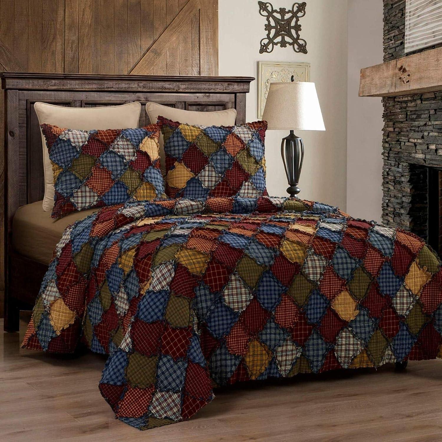 Blue Patchwork Cotton Queen Quilt Set with Shams