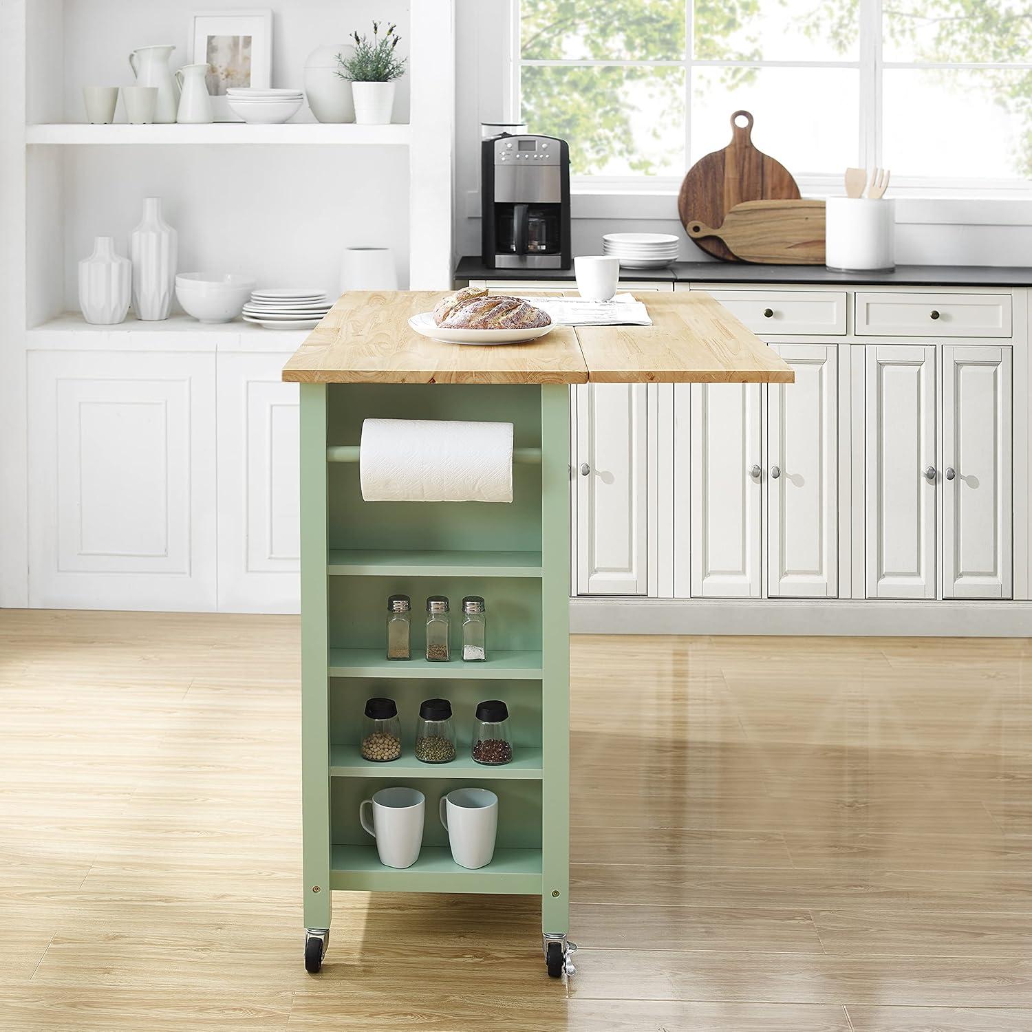 Savannah Wood Top Drop Leaf Kitchen Island/Cart Mint - Crosley: Adjustable Shelves, Spice Rack, Caster Wheels