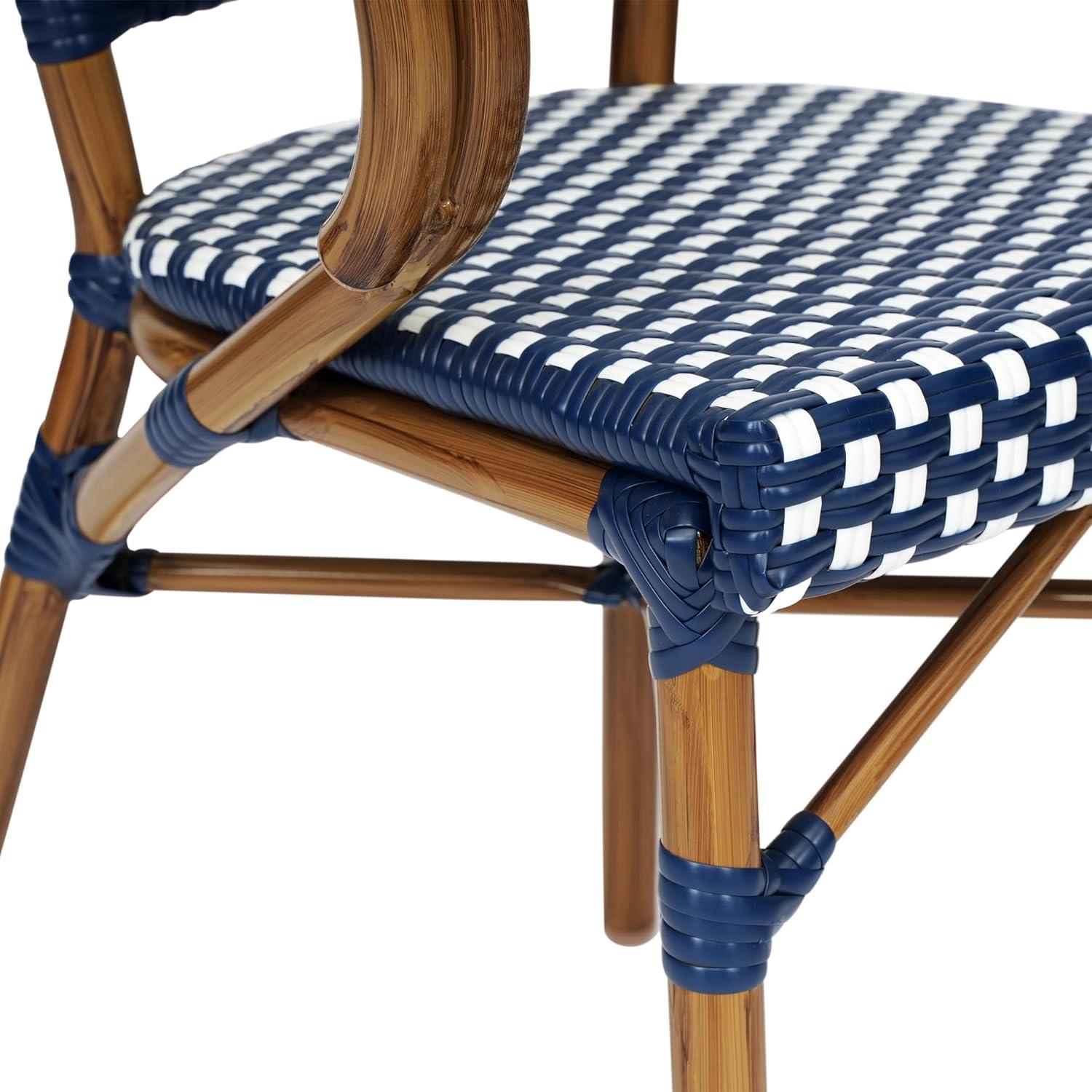 Flash Furniture 4 PK Bordeaux Indoor/Outdoor Commercial Bistro Stacking Chair w/ Arms, Navy & White PE Rattan & Bamboo Print Aluminum Frame in Natural