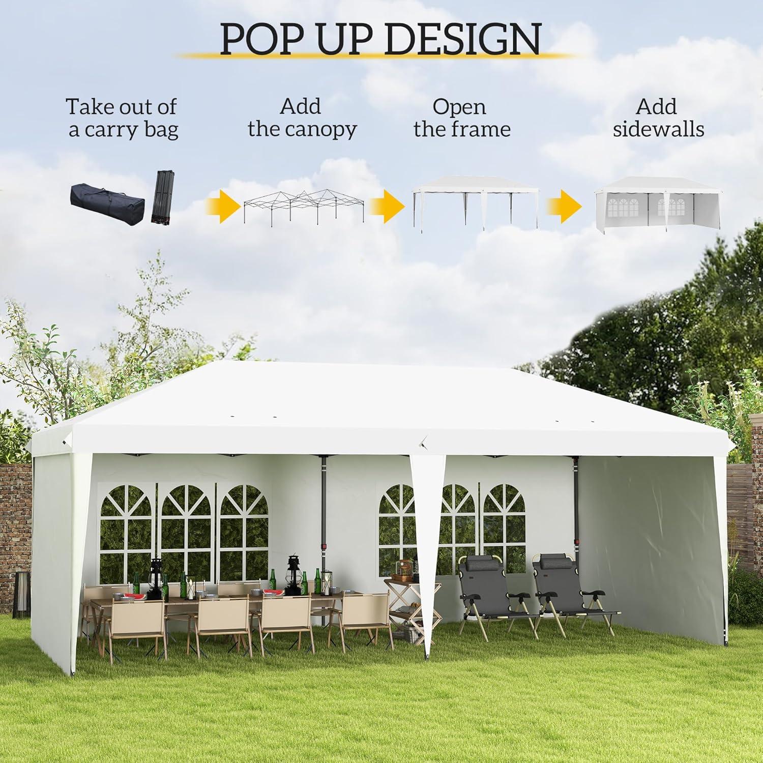 Outsunny 10' x 20' Heavy Duty Pop Up Canopy Party Tent with 4 Removable Sidewalls, Outdoor Cabana Gazebo with Carry Bag, Weather Protection, White