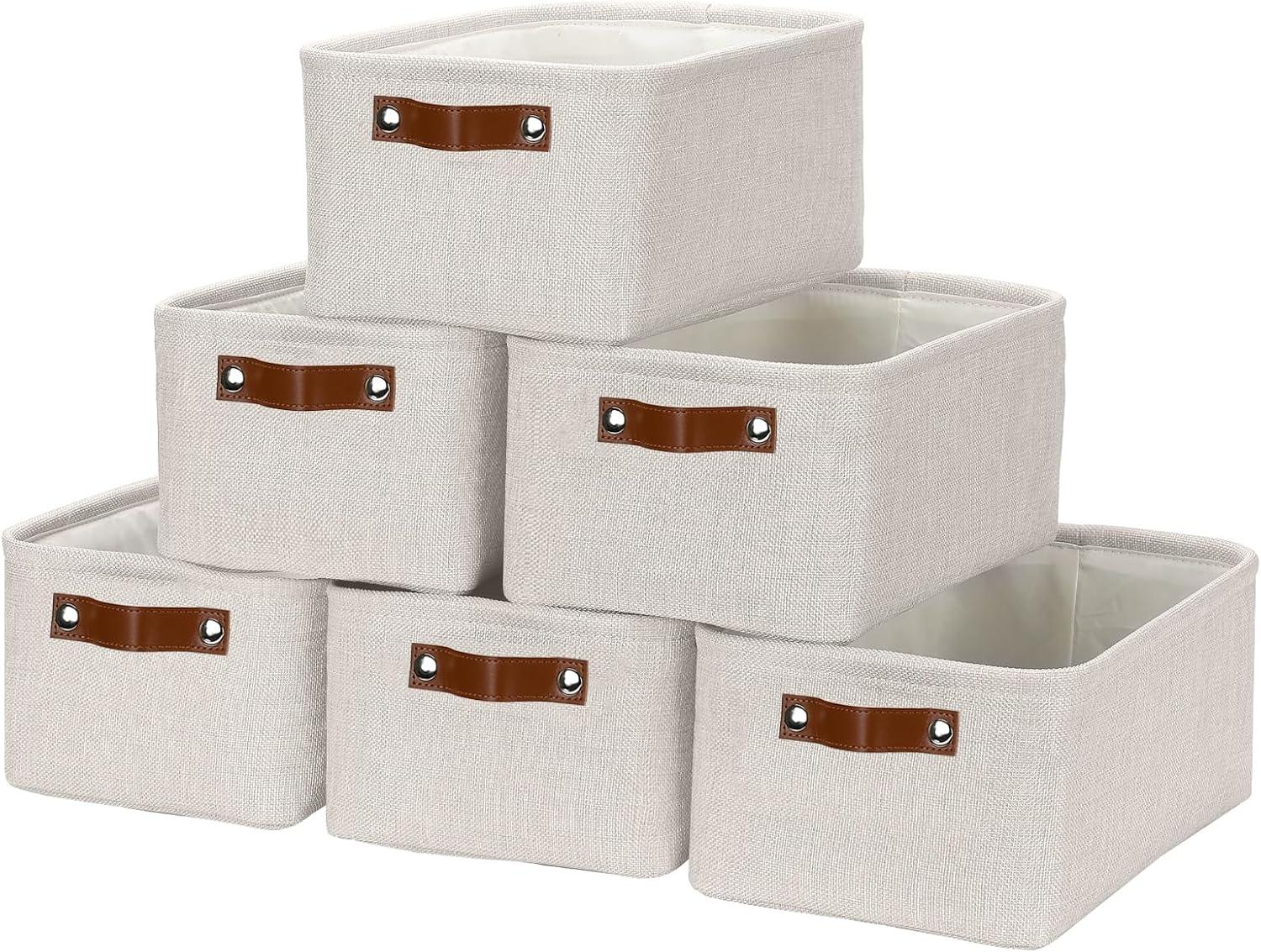 White Rectangular Fabric Storage Bins with Leather Handles, Set of 6