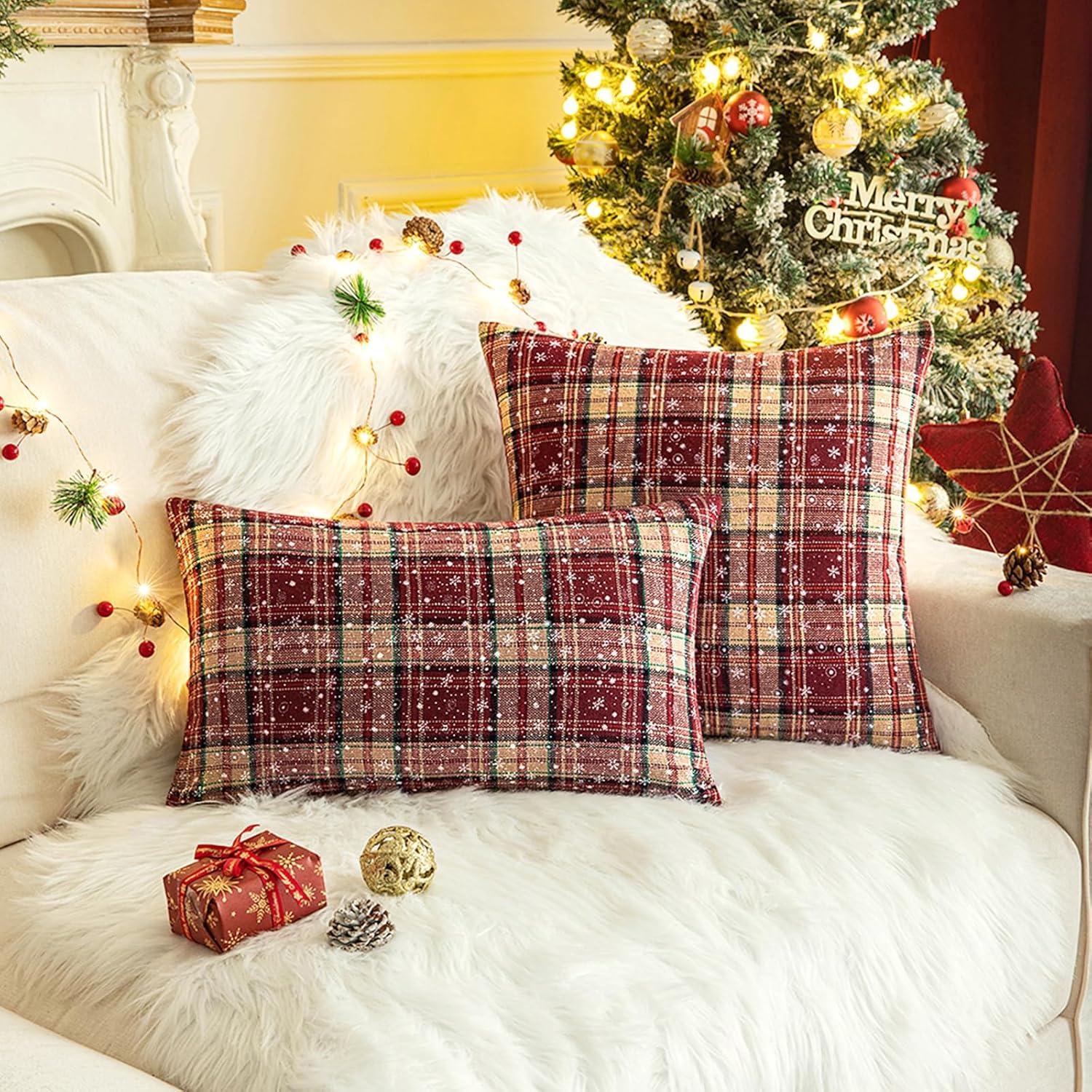 Red and Beige Tartan Plaid Snowflake 18" Polyester Euro Pillow Covers