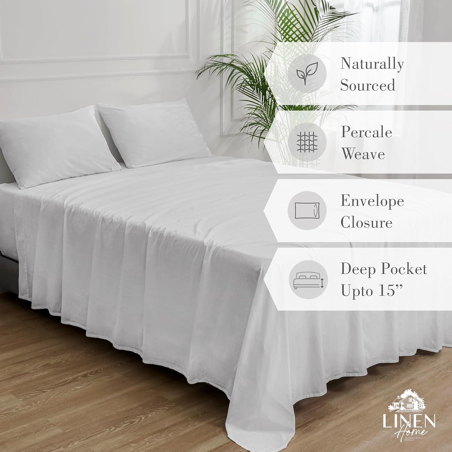 Linen Home Washed Cotton Percale King Sheet Set, White, Deep Pocket, 4 Pieces Bed Sheets - 1 Flat Sheet, 1 Fitted Sheet & 2 Envelope Closure Pillowcases, Cool and Comfortable Bed Linen