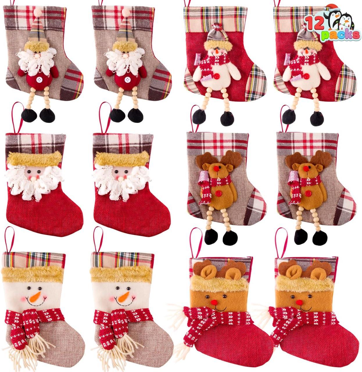 JOYFY 12 Pcs Mini Christmas Stockings 3D Bulk Xmas Stockings Santa Snowman Reindeer Burlap Stockings for Present Holders Treat Bags