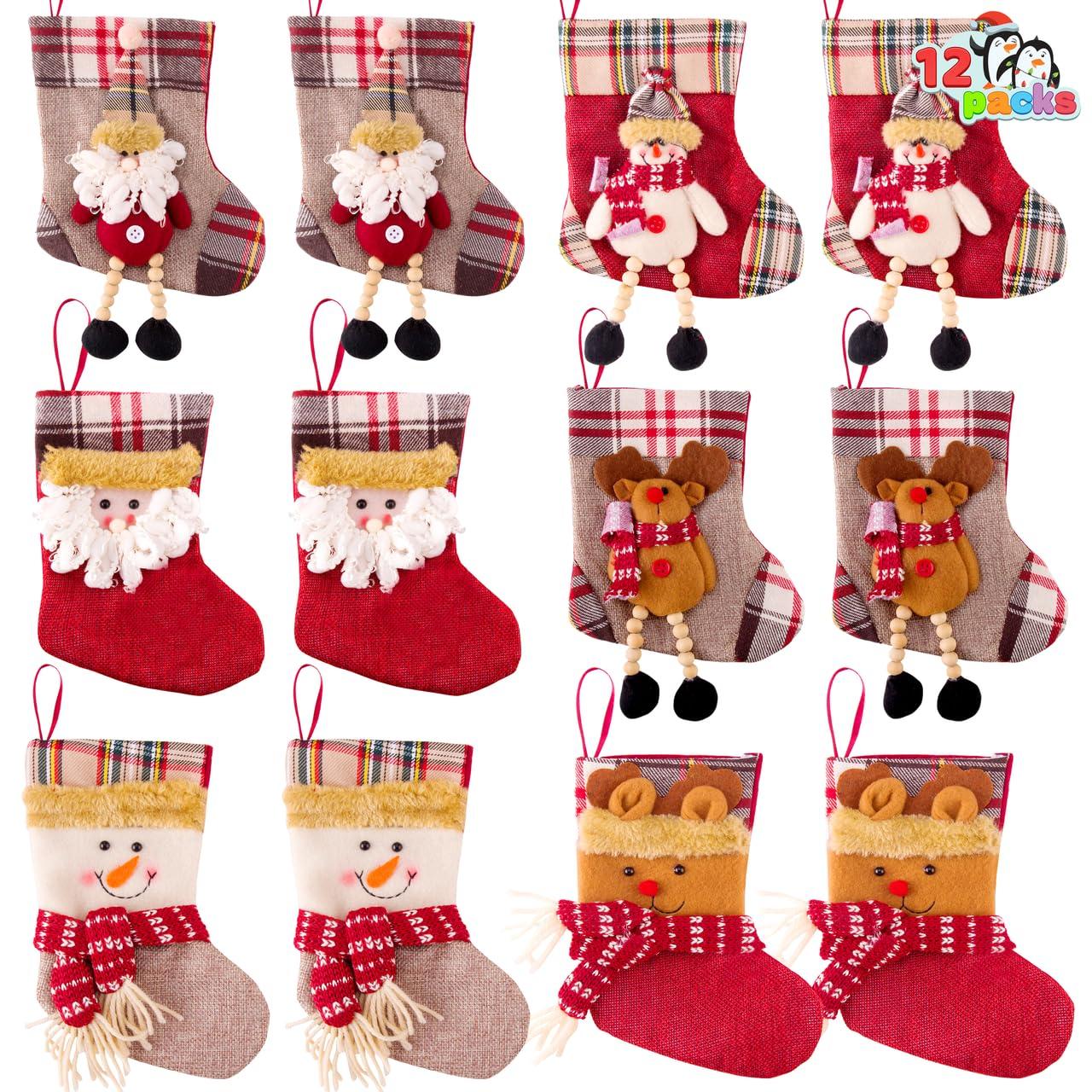 JOYFY 12 Pcs Mini Christmas Stockings 3D Bulk Xmas Stockings Santa Snowman Reindeer Burlap Stockings for Present Holders Treat Bags