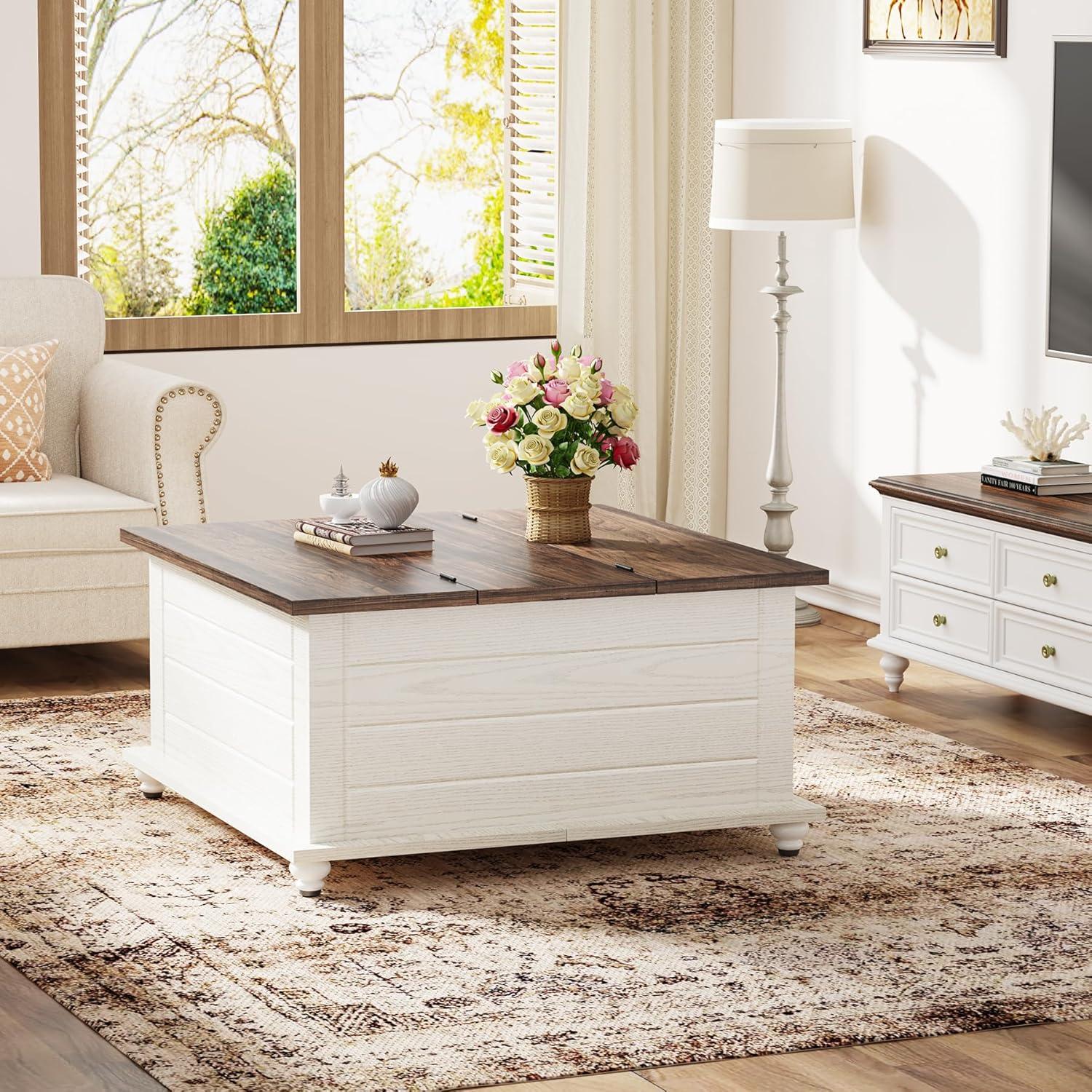 Rustic White and Brown Wood Coffee Table with Hidden Storage