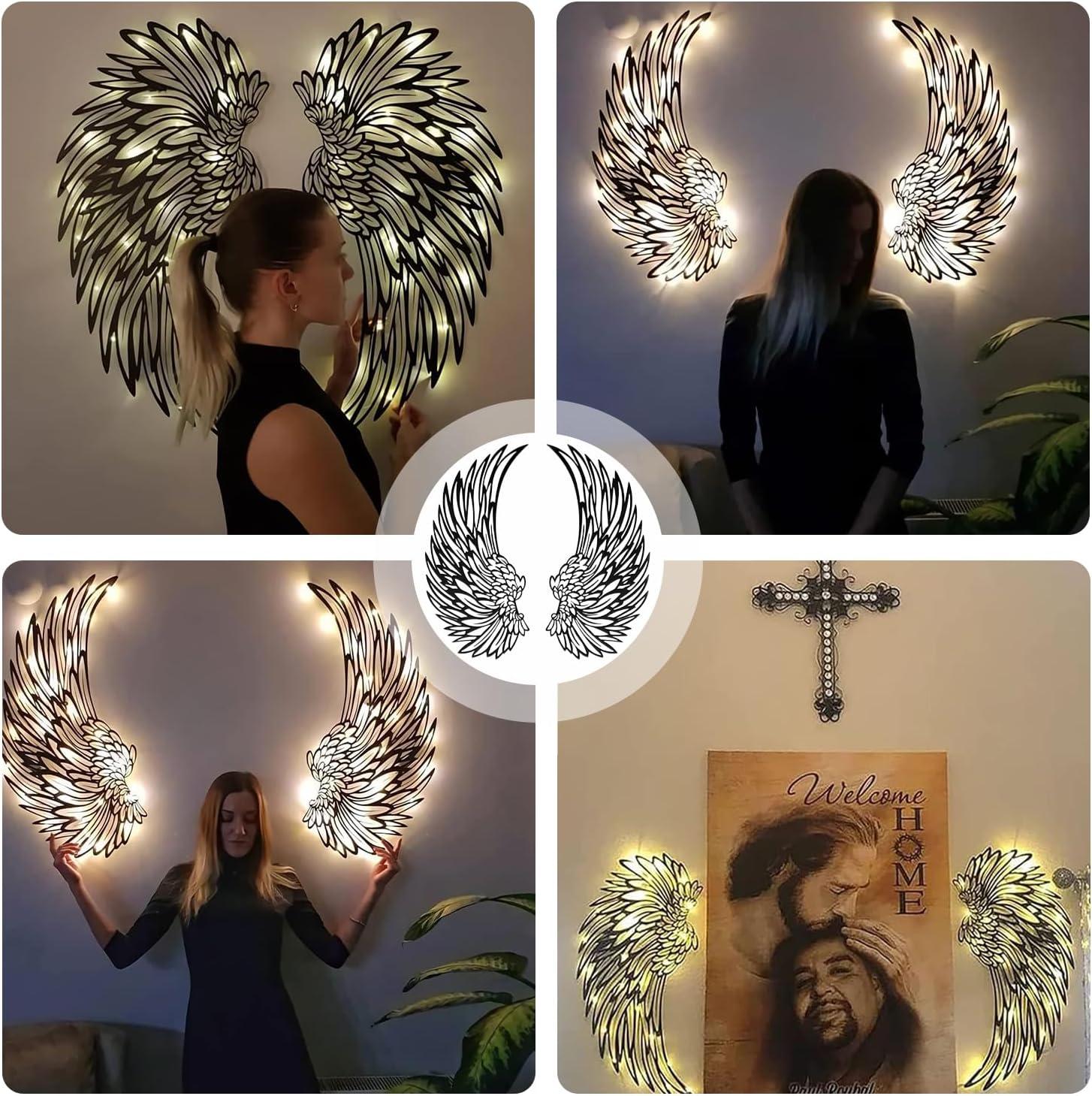 Angel Wings Metal Wall Art, Hilingoto Metal Wall Art, 1 Pair Angel Metal Wall Art with Led Lights Wall Art Decoration Ornament Angel Metal Wall Decor Mother's Day Hanging Decoration Crafts