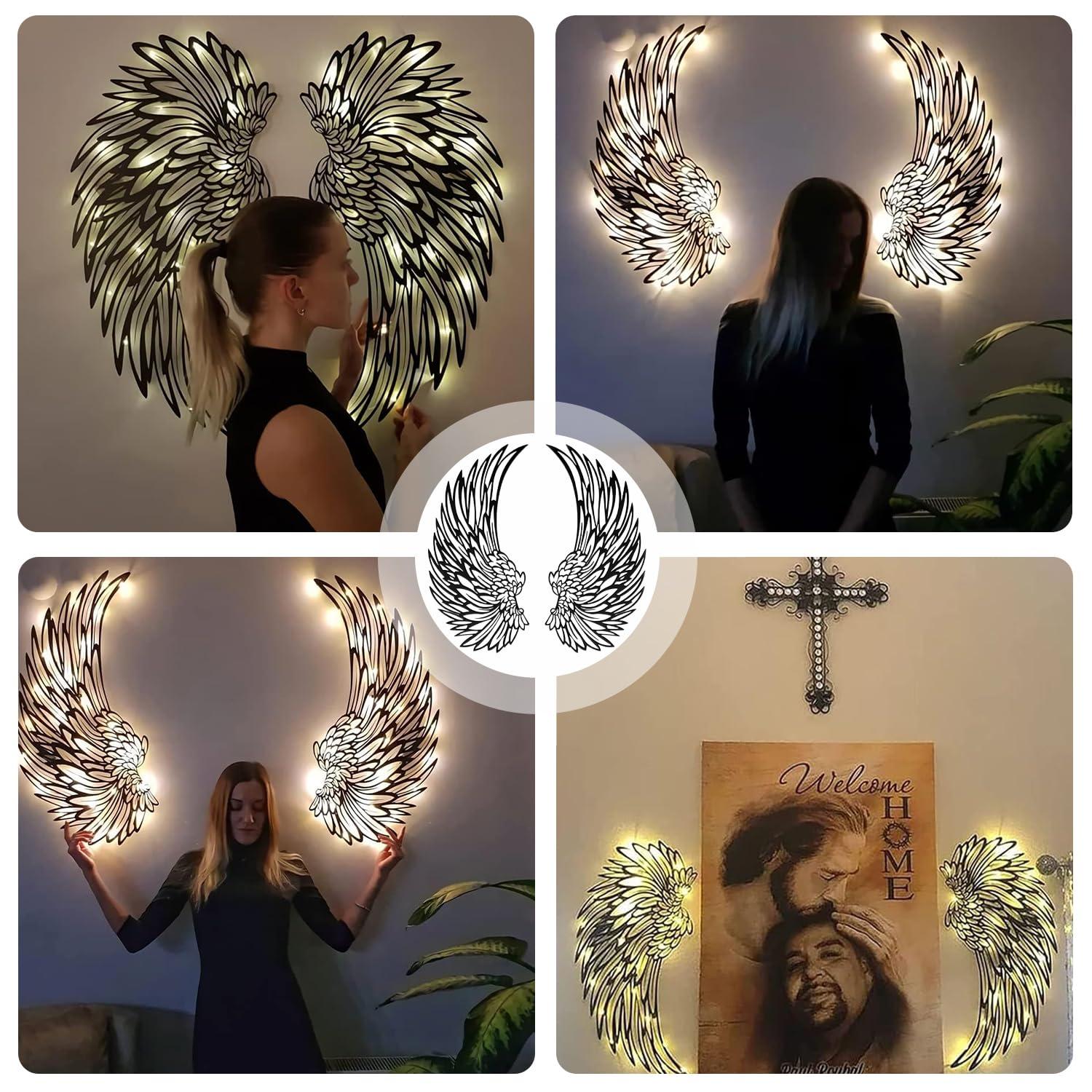 Angel Wings Metal Wall Art, Hilingoto Metal Wall Art, 1 Pair Angel Metal Wall Art with Led Lights Wall Art Decoration Ornament Angel Metal Wall Decor Mother's Day Hanging Decoration Crafts