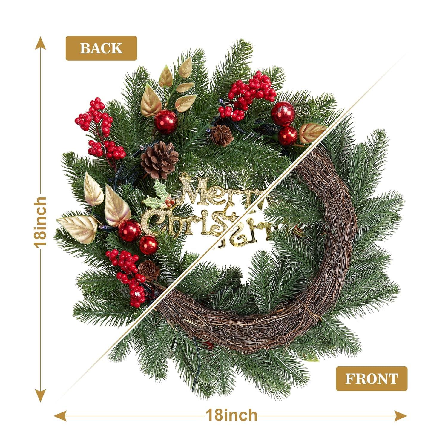 Christmas Wreath for Front Door, 18 Inch Outdoor Christmas Wreath, Battery Operated Xmas Wreath with Silver White Ball Ornaments Bows and 40 LED Lights for Home Holiday Decor