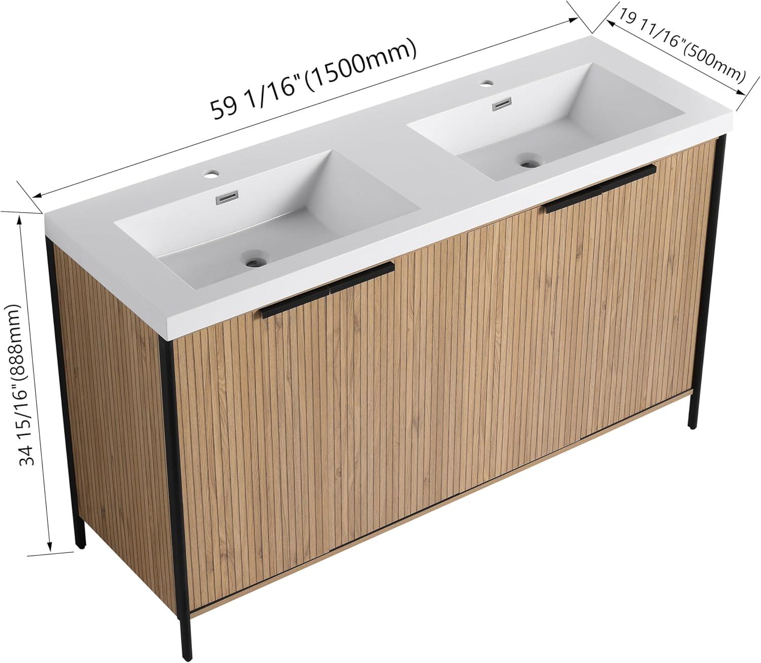 SSLine 60" Bathroom Vanity with Double Sink Mid-Century Modern Bathroom Sink Cabinet Freestanding Bathroom Vanities with Double White Top Basin and Adjustable Storage Shelves, Natural Brown Stripe