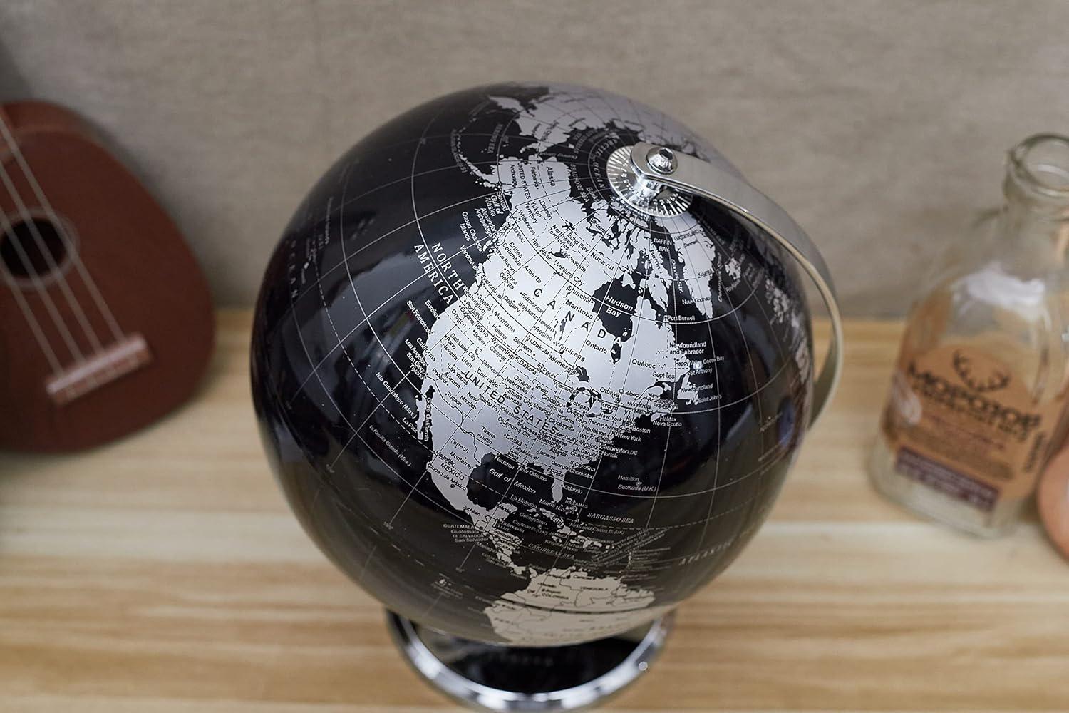 ANNOVA Metallic World Globe Black – Educational/Geographic/Modern Desktop Decoration - Stainless Steel Arc and Base/Earth World - Metallic Black - for School, Home, and Office (8-Inch)