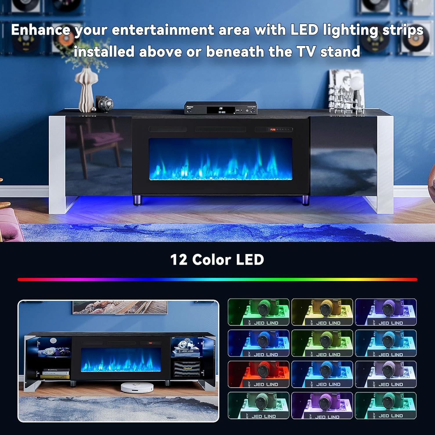 oneinmil Fireplace TV Stand with 36" Electric Fireplace, LED Light Entertainment Center, Modern Wood Texture Entertainment Stand with Highlight Storage Cabinet for TVs Up to 80", 70 inches, Black