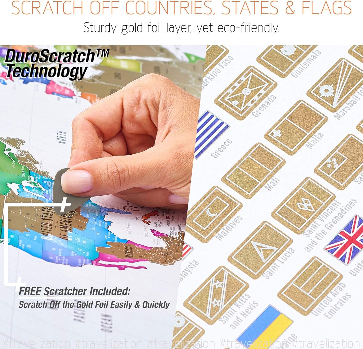 XL Scratch Off World Map with 196 Country Flags 36" x 24" Frameable Travel Map with Vibrant Colors and Premium Gold Coating, Beautiful Visited Places Tracker for Travelers, White