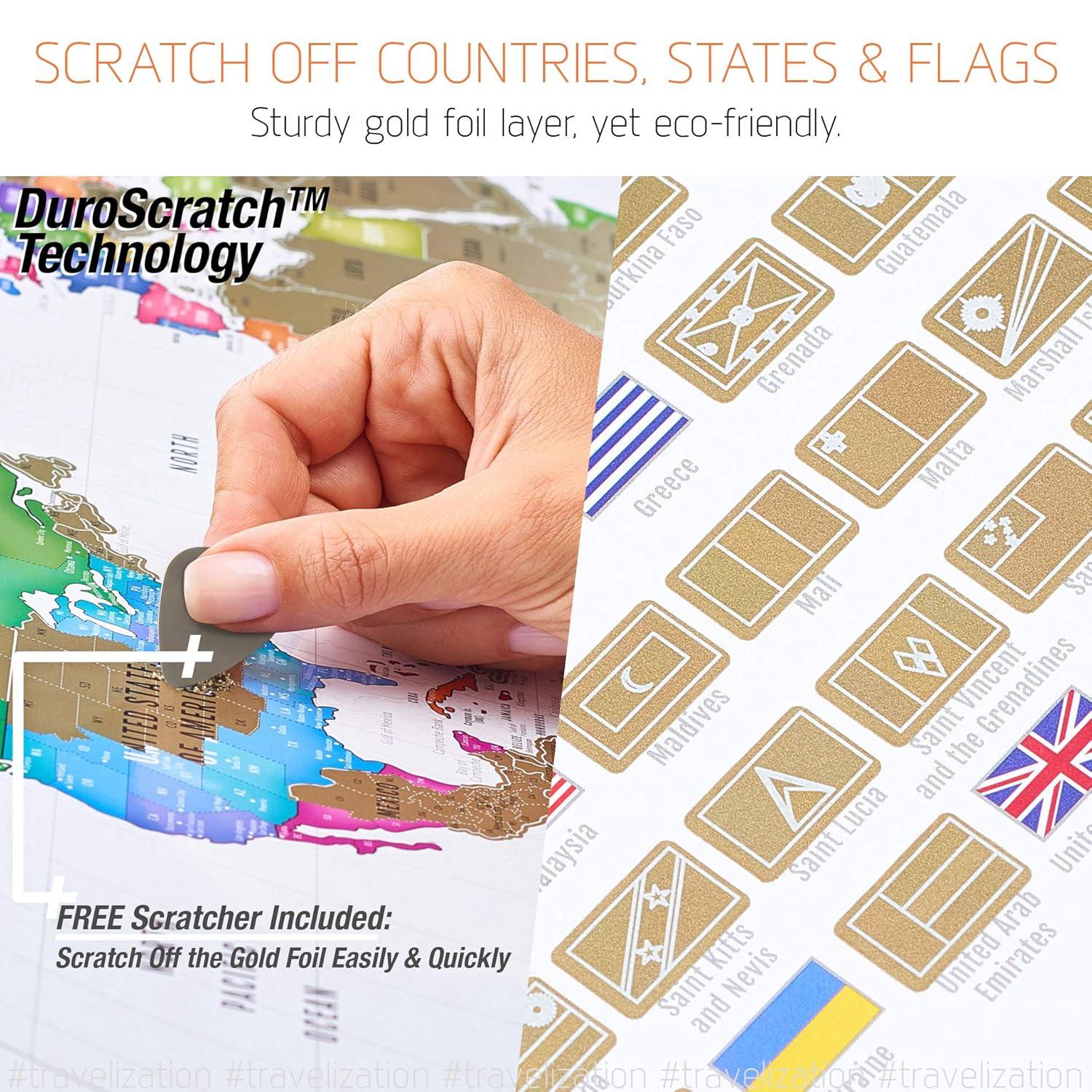 XL Scratch Off World Map with 196 Country Flags 36" x 24" Frameable Travel Map with Vibrant Colors and Premium Gold Coating, Beautiful Visited Places Tracker for Travelers, White