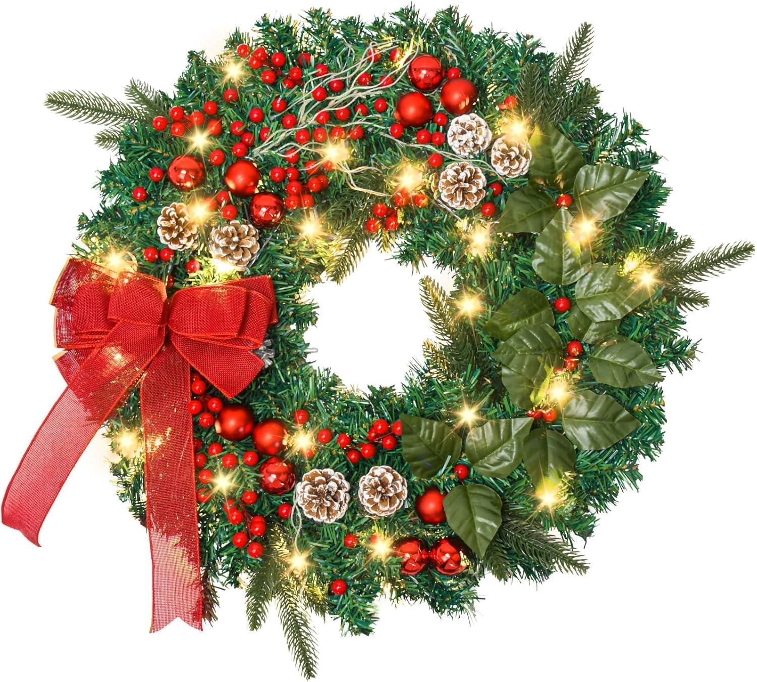 24in Prelit Christmas Wreath Battery Operated 50 Multicolored Lights with Pinecone and Red Berries, Lifelike Snow