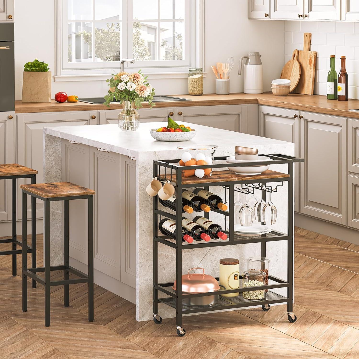 Bar Cart for Home, 3-Tier Serving Cart with Wheels and Handle, Beverage Cart with Wine Rack and Glass Holders, Rolling Wine Cart for Kitchen, Dining Room, Rustic Brown RCHR6101
