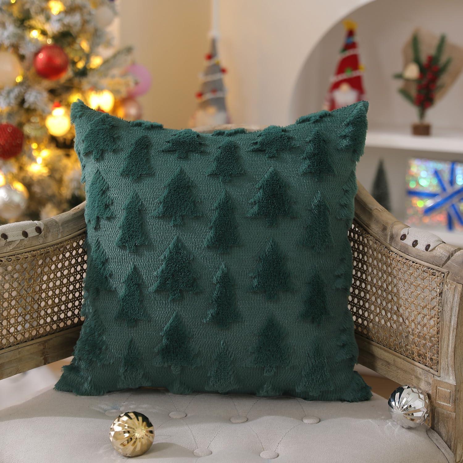 Lomyolo Farmhouse Decoration Christmas Tree Pillow Covers Pack of 2 - 18×18 Soft Faux Fuzzy Sofa Decorative Throw Cushions Cozy Fleece Fabric for Home Winter Holiday Christmas Decor