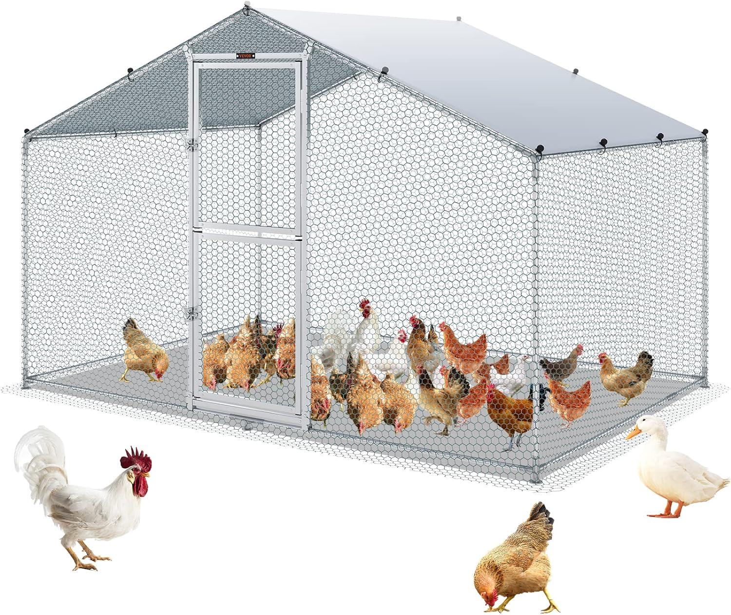 Large Silver Metal Chicken Coop with Waterproof Cover and Peaked Roof