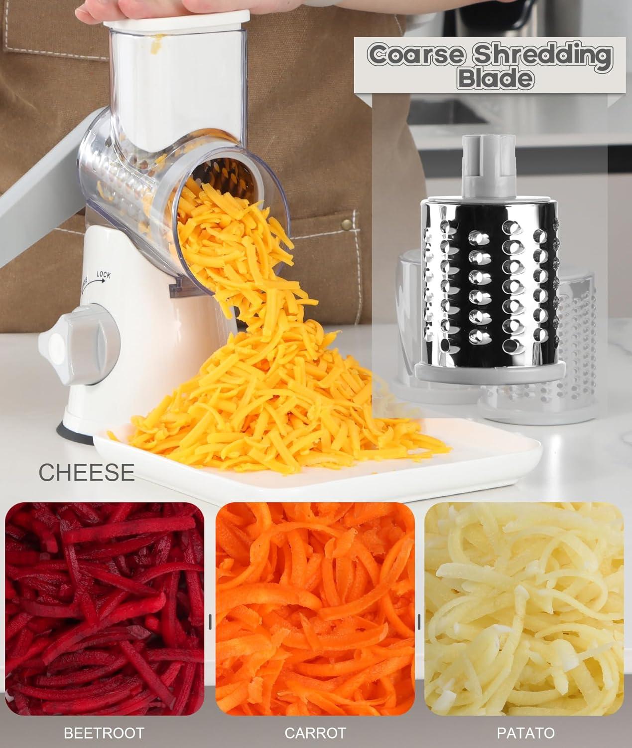 White Rotary Hand Crank Cheese Grater with Stainless Steel Blades