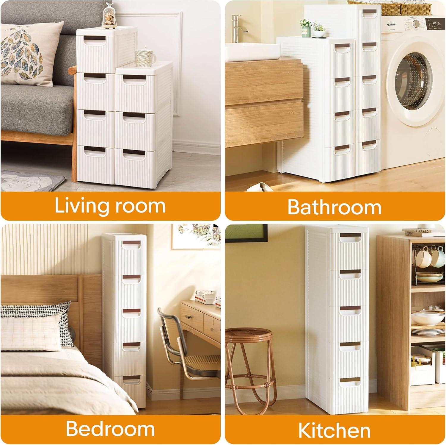 Rebrilliant Slim Plastic Rolling Storage Cabinet With 4 Drawers For Bathroom, Kitchen, Laundry - White