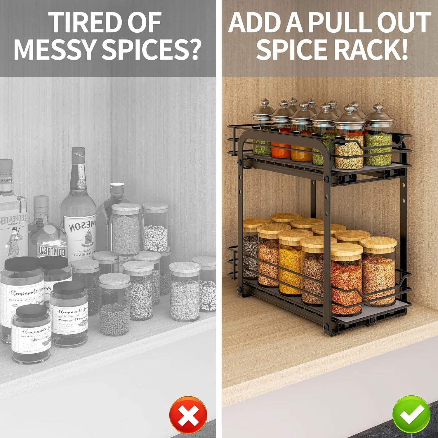 Black Metal 2-Tier Pull Out Spice Rack Organizer