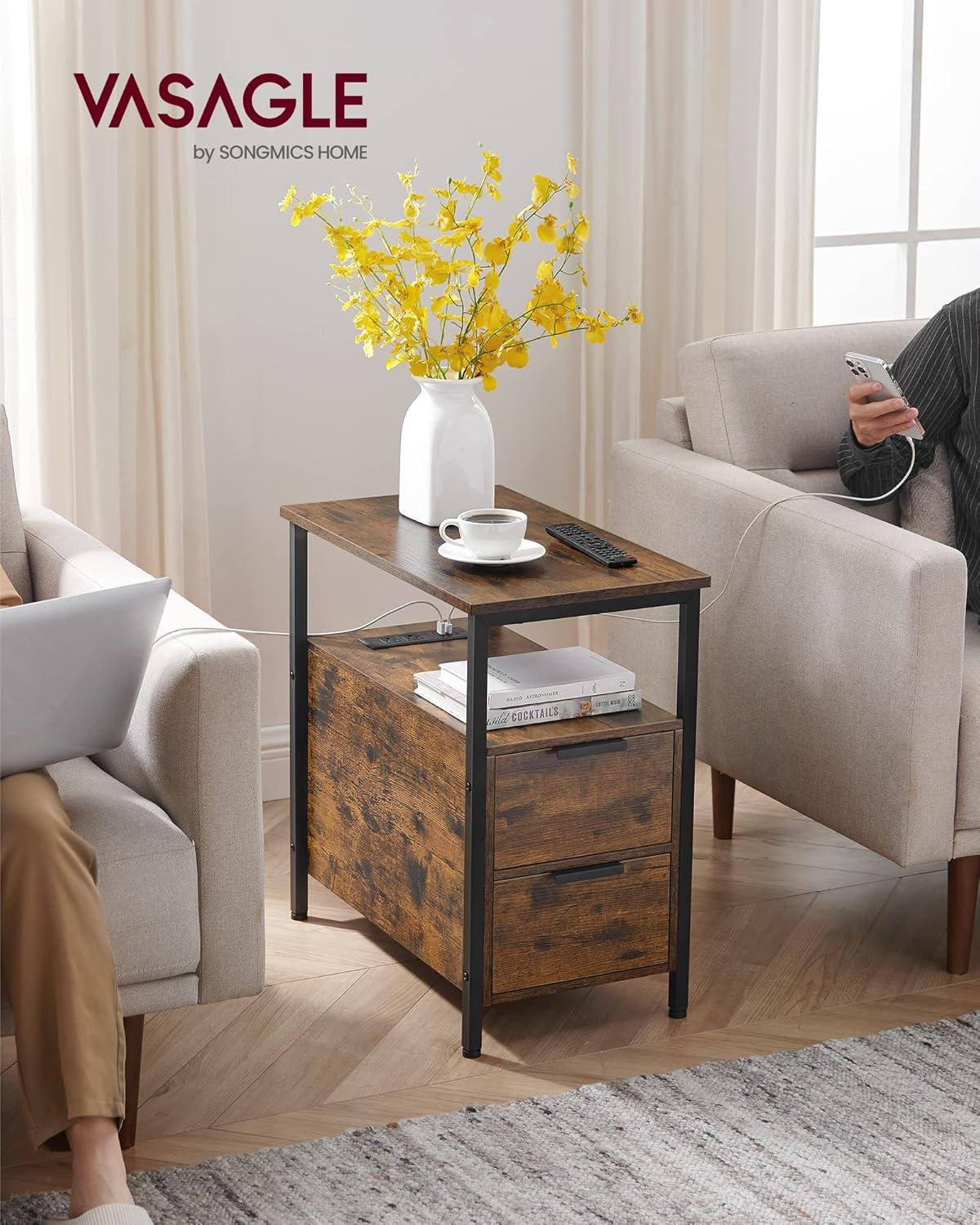 Rustic Brown and Black Wood Metal Side Table with Storage